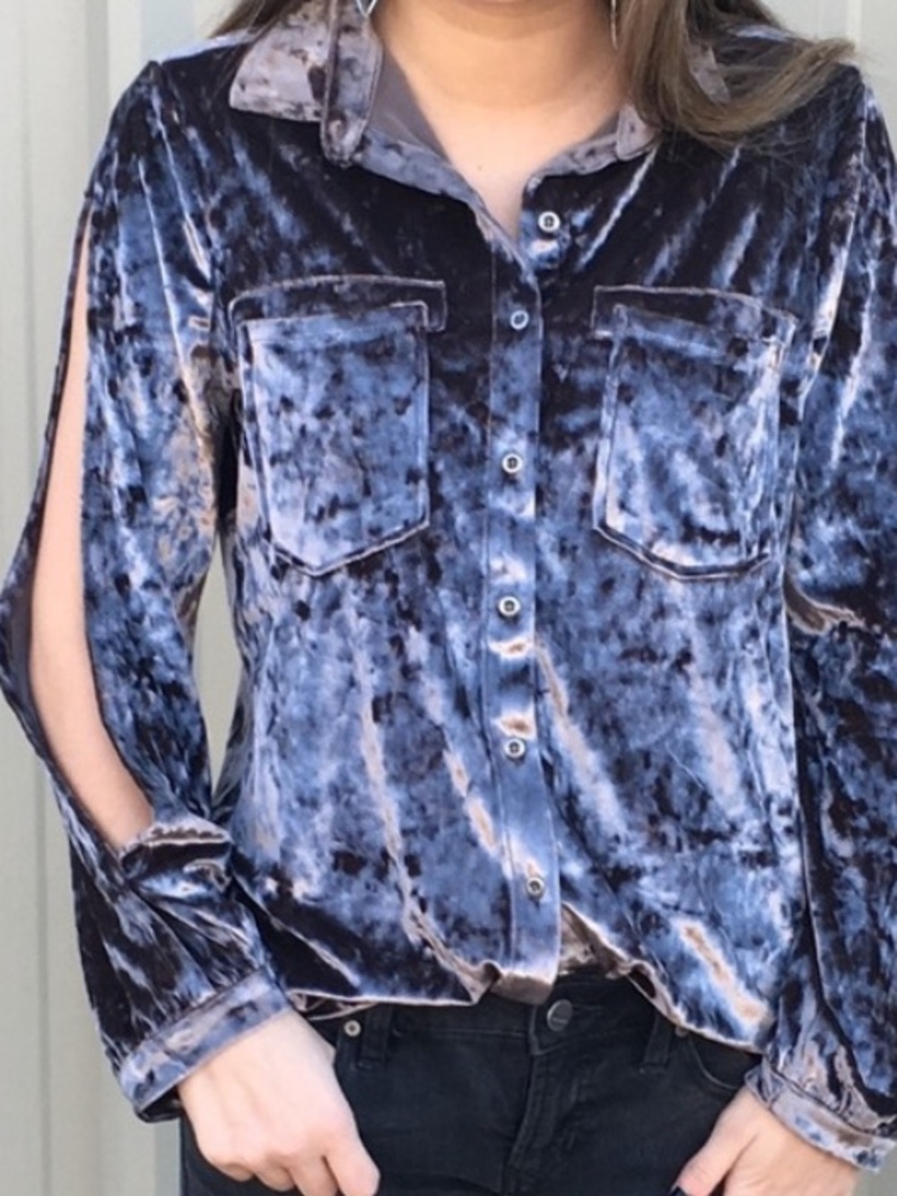 Billy T Crushed Velvet Button-Down Shirt - Open Sleeve Silver Gray Relaxed Small